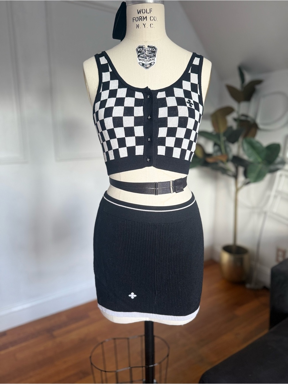 Black & White Checker Mini Skirt — Sleek Knit Mini